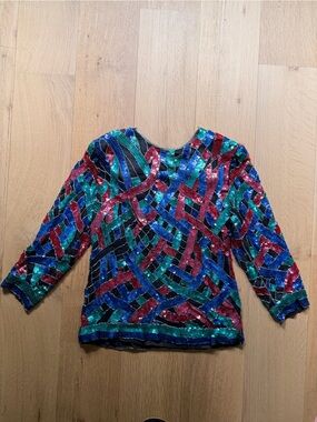 Vintage Royal Feelings Pure Silk Sequin Beaded Top Size Small